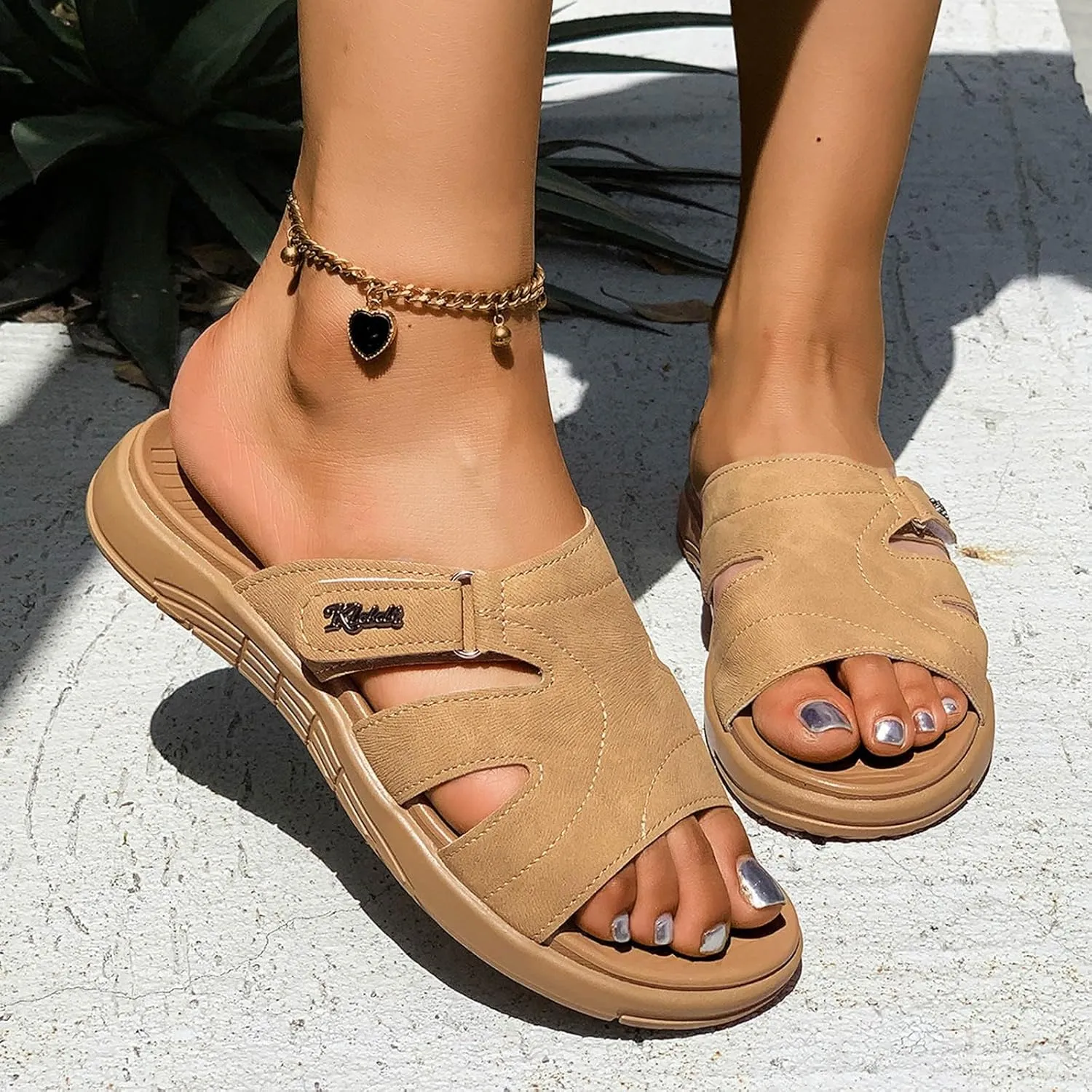 Women's Summer Slide Sandals Open Toe Flat Leather Slippers for Casual Outdoor Beach Vacation Comfortable Lightweight