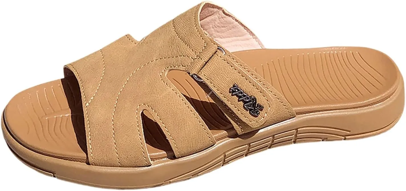 Women's Summer Slide Sandals Open Toe Flat Leather Slippers for Casual Outdoor Beach Vacation Comfortable Lightweight