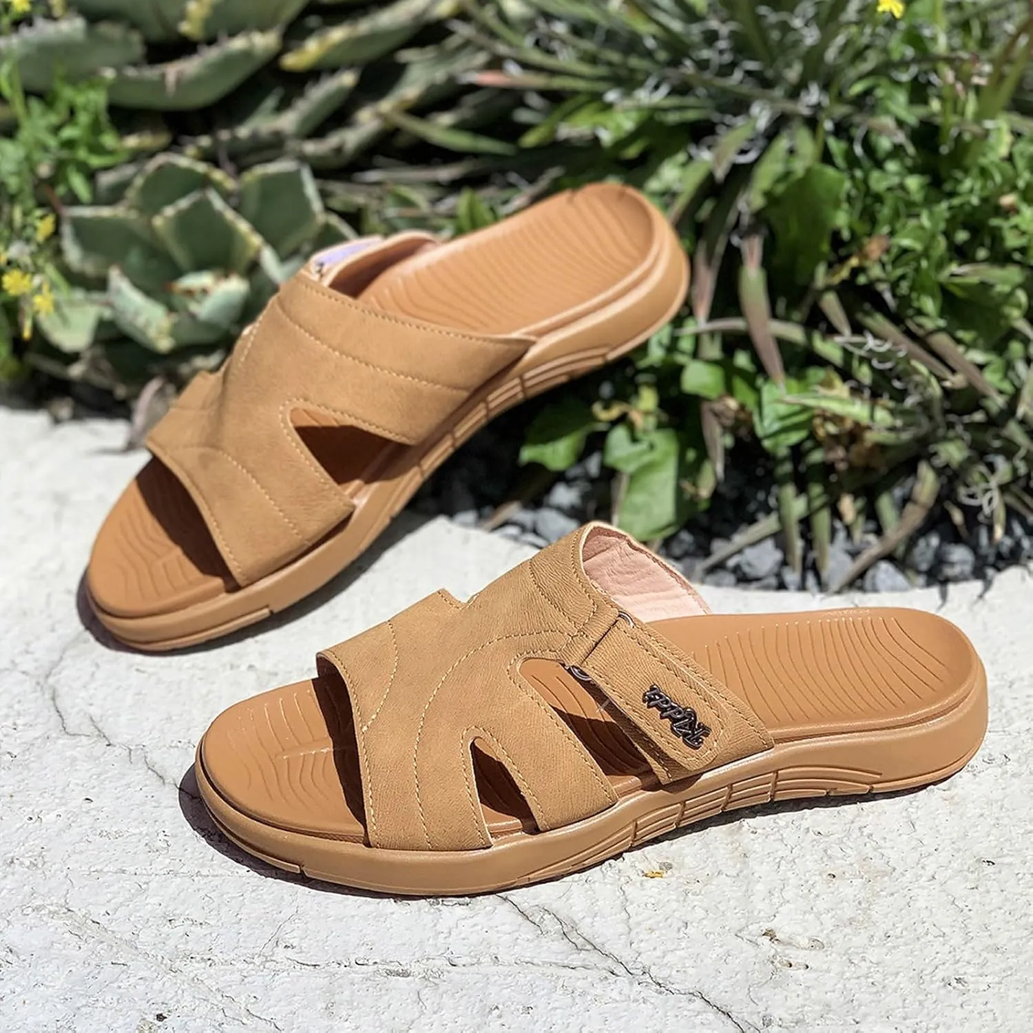 Women's Summer Slide Sandals Open Toe Flat Leather Slippers for Casual Outdoor Beach Vacation Comfortable Lightweight