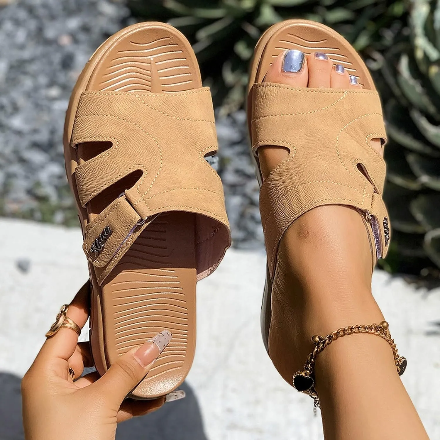 Women's Summer Slide Sandals Open Toe Flat Leather Slippers for Casual Outdoor Beach Vacation Comfortable Lightweight