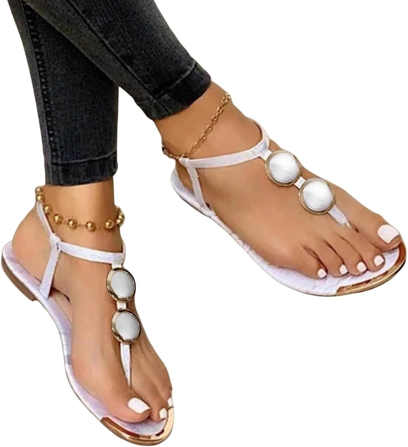 Womens T Strap Flat Sandal Summer Hollow Out Lightweight Bling Sparkly Thong Beach Shoes Bohemian Flat Shoes Slip on Dressy Casual Trendy Sandals