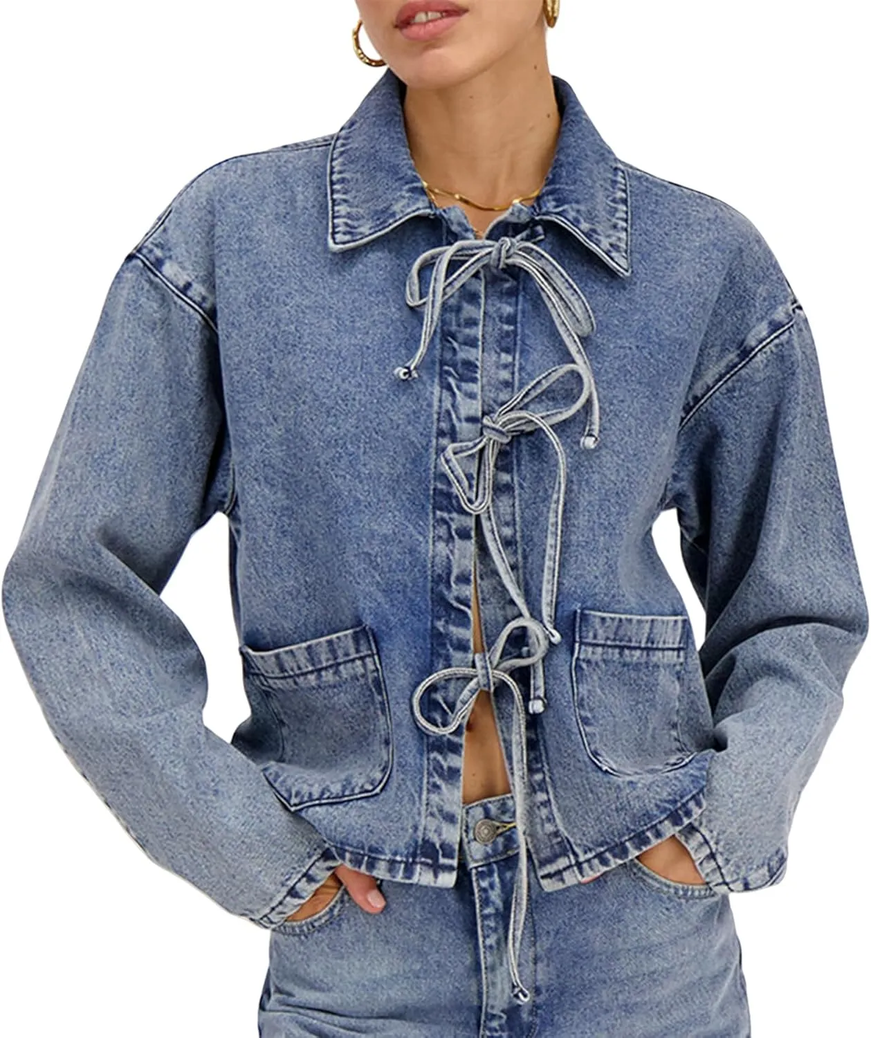 Women's Tie Front Denim Jacket Long Sleeve Turn Down Collar Coat Shacket Tops Shirt Jean Biker Coat Trucker Jacket