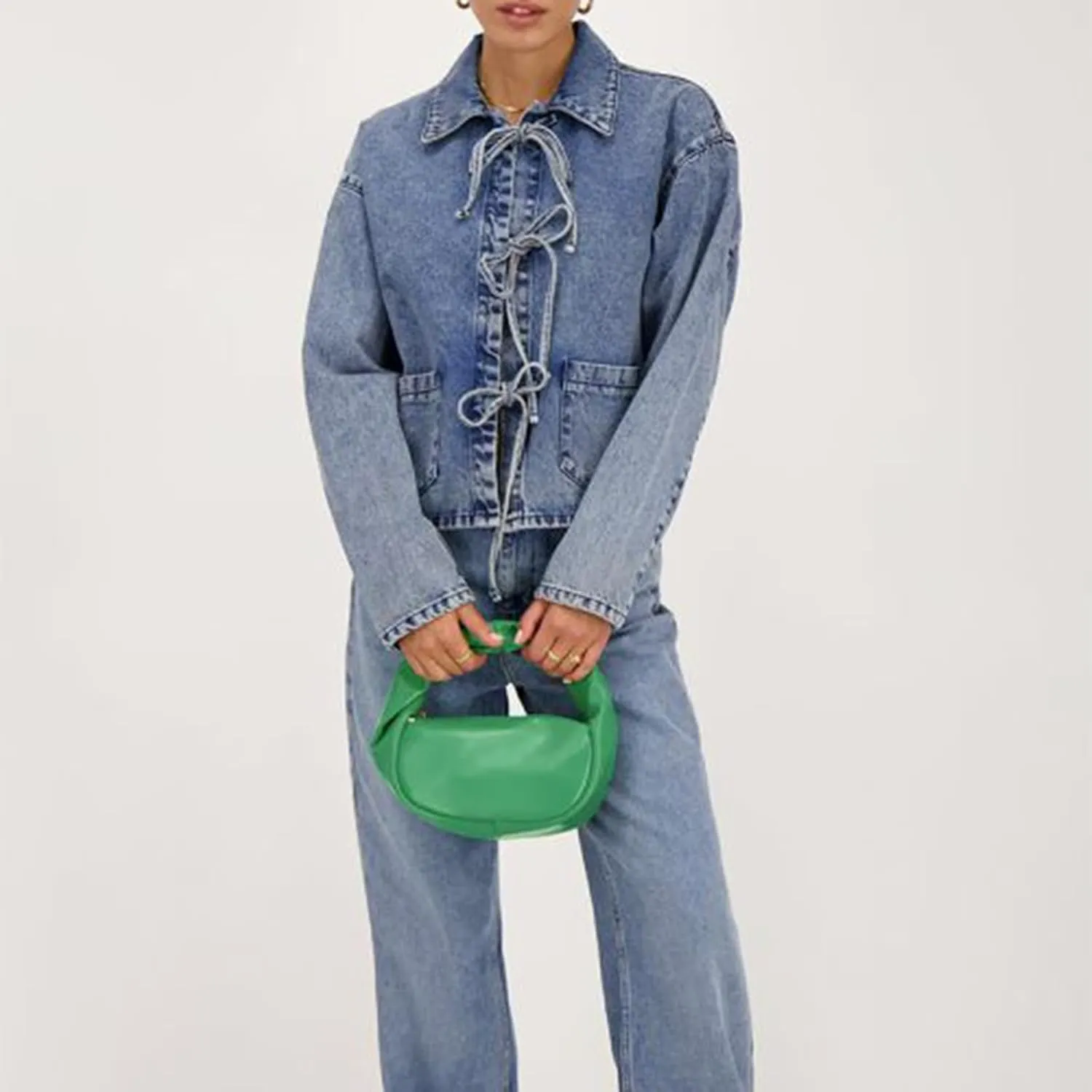 Women's Tie Front Denim Jacket Long Sleeve Turn Down Collar Coat Shacket Tops Shirt Jean Biker Coat Trucker Jacket