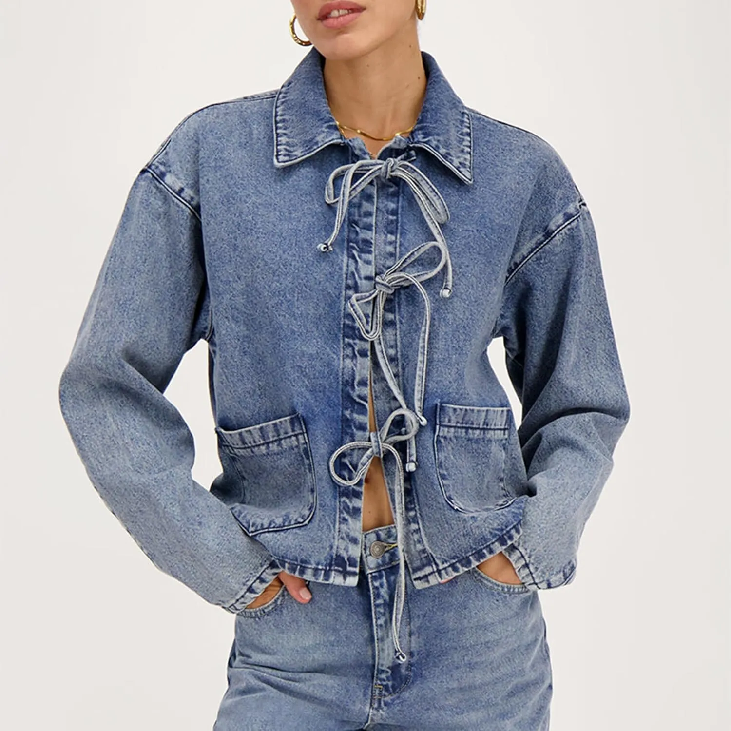 Women's Tie Front Denim Jacket Long Sleeve Turn Down Collar Coat Shacket Tops Shirt Jean Biker Coat Trucker Jacket