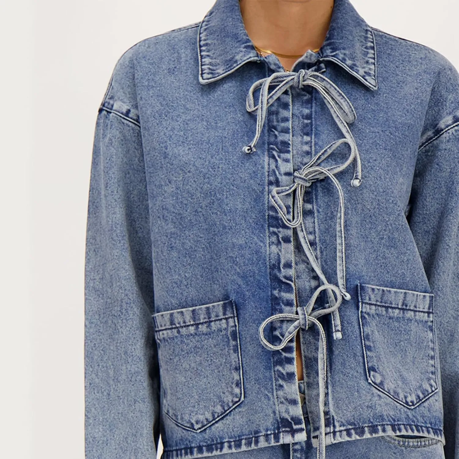 Women's Tie Front Denim Jacket Long Sleeve Turn Down Collar Coat Shacket Tops Shirt Jean Biker Coat Trucker Jacket