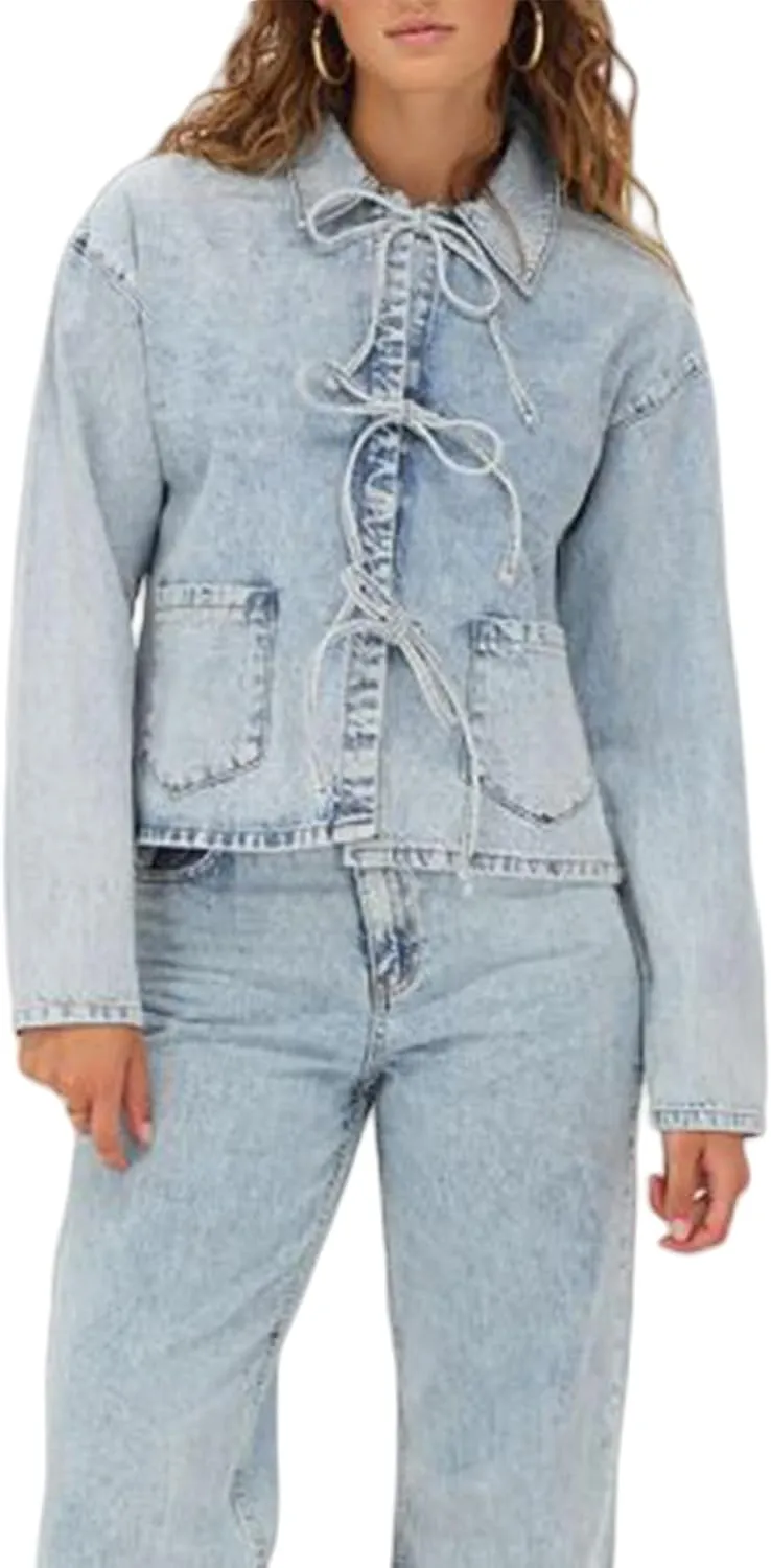Women's Tie Front Denim Jacket Long Sleeve Turn Down Collar Coat Shacket Tops Shirt Jean Biker Coat Trucker Jacket