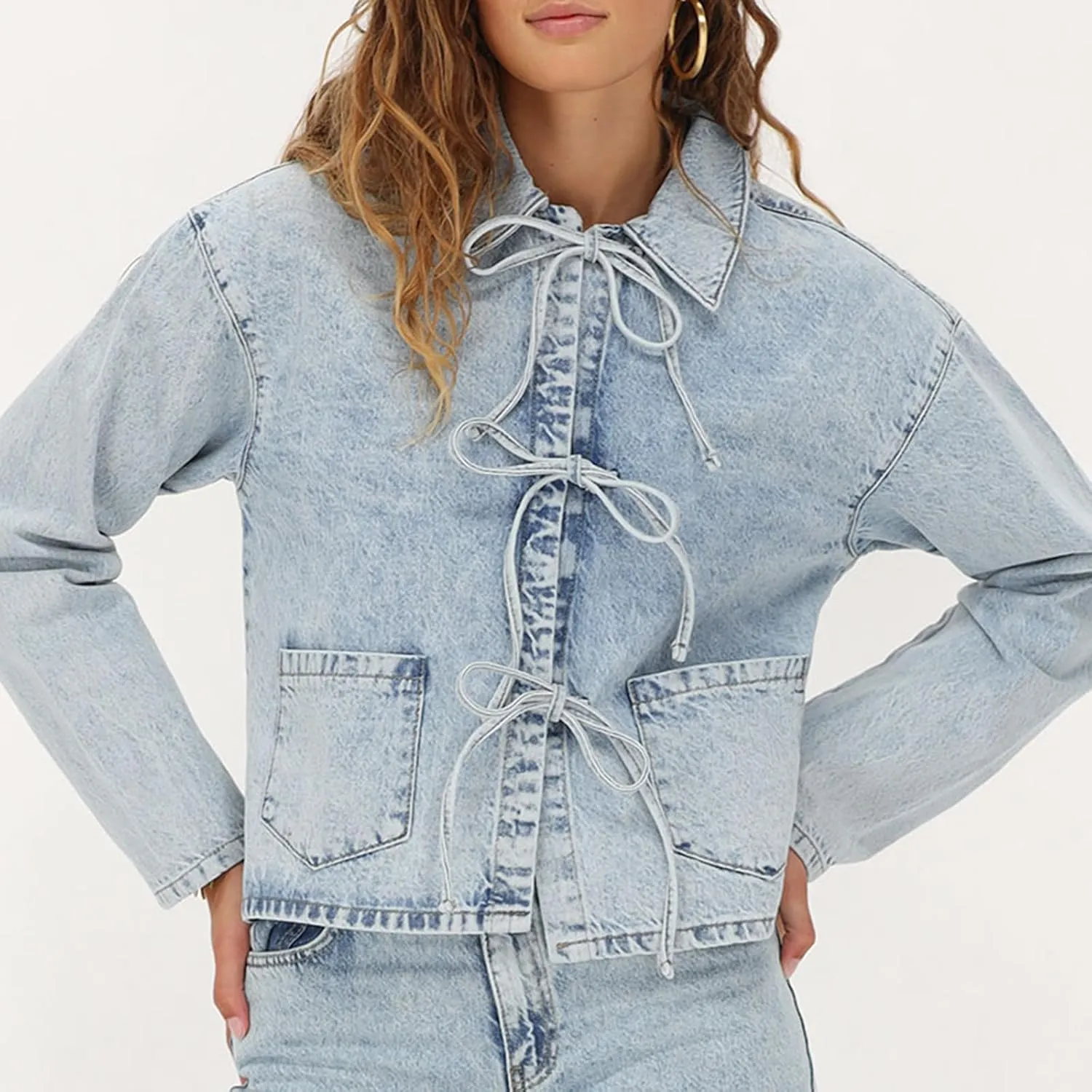 Women's Tie Front Denim Jacket Long Sleeve Turn Down Collar Coat Shacket Tops Shirt Jean Biker Coat Trucker Jacket