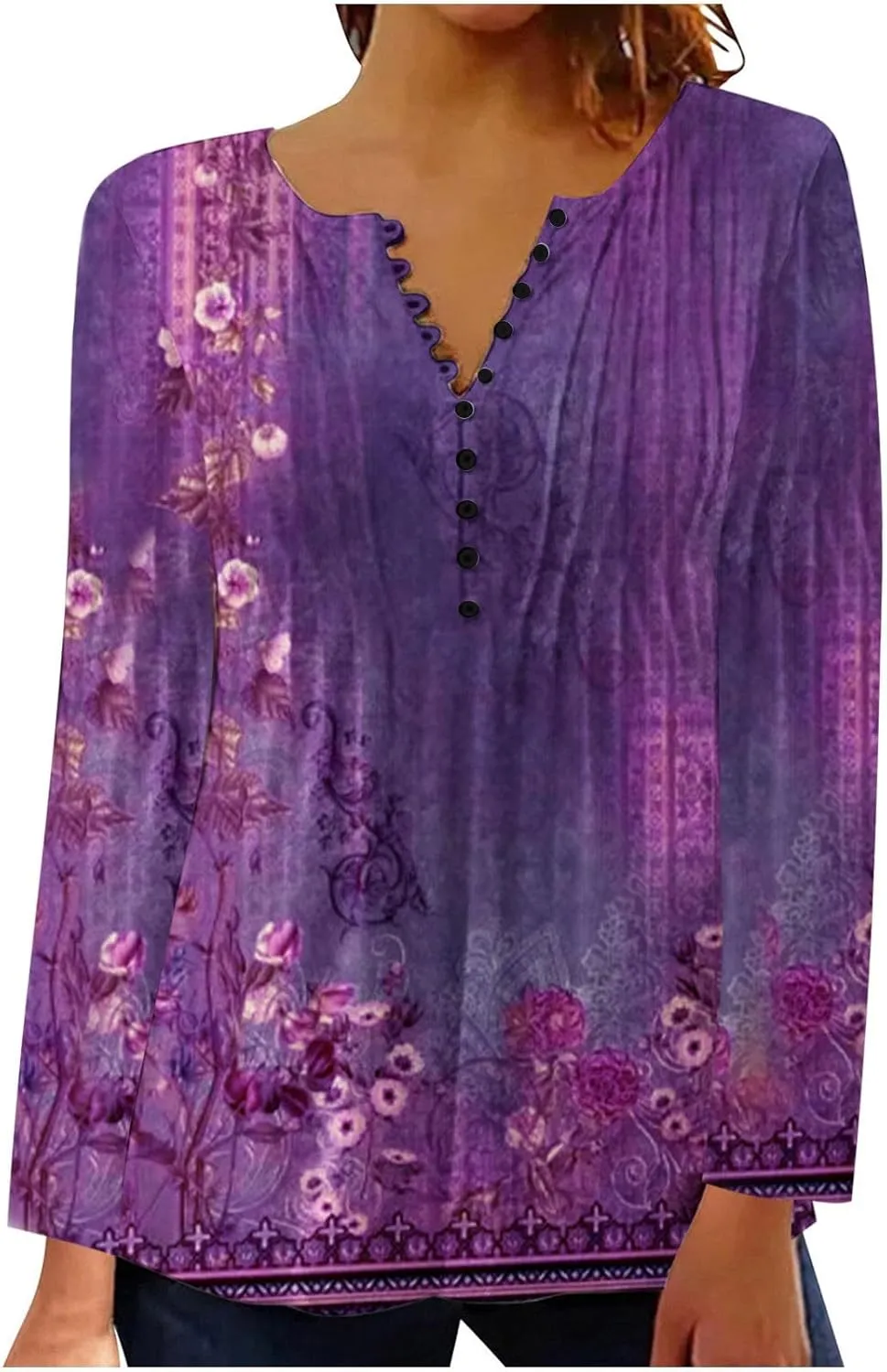 Womens Tops Dressy Casual 3/4 Sleeve Bohemian Summer Shirts Floral Print Empire Waist Long Sleeve Button Down Blouse