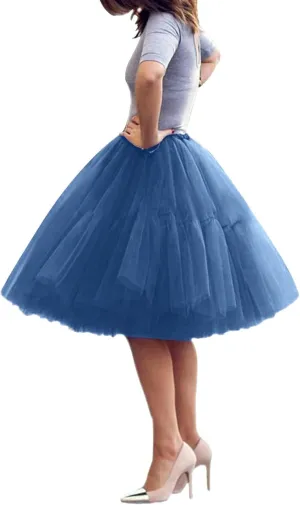 Womens Tulle Skirts Midi Elastic 50s Layered Mesh High Waist Pleated Flowy A-Line Party Long Tutu Skirts