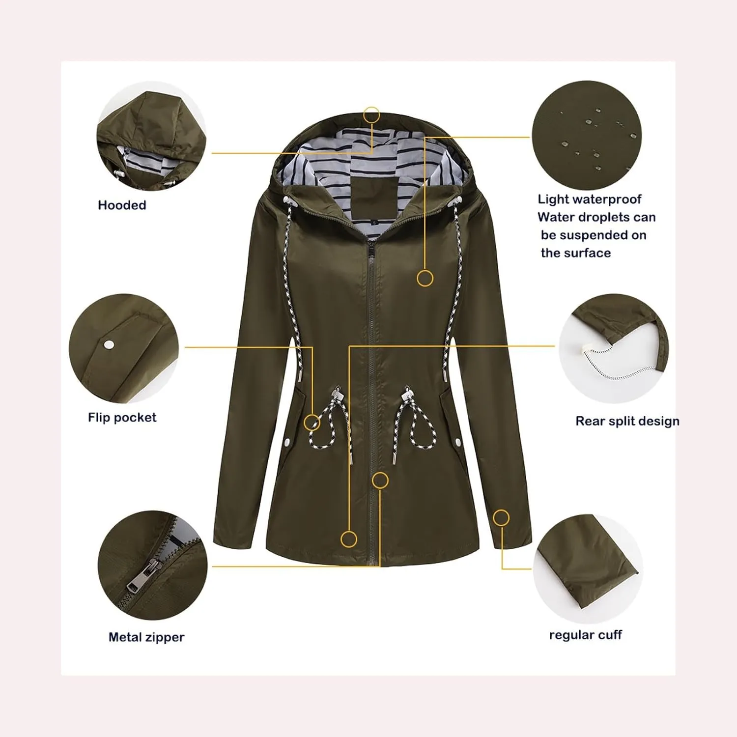 Women's Waterproof Raincoats with Hood Lightweight Zip Up Windbreaker Trendy Rain Jackets Outdoor Hiking Trench Coats
