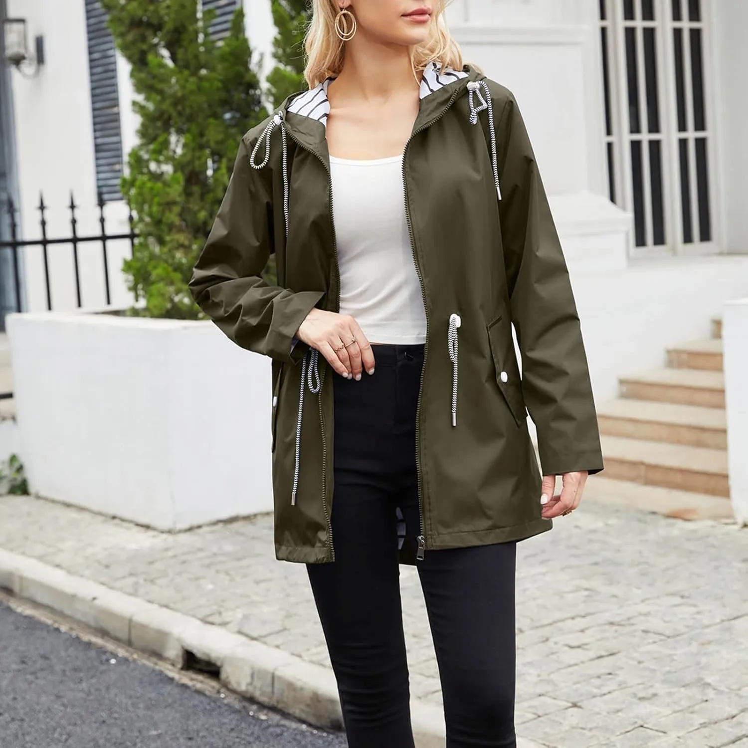 Women's Waterproof Raincoats with Hood Lightweight Zip Up Windbreaker Trendy Rain Jackets Outdoor Hiking Trench Coats
