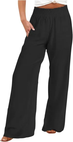 Women's Wide Leg Palazzo Pants Elastic High Waist Pants Beach Vacation Pants Loose Linen Pants Casual Work Pants Plus