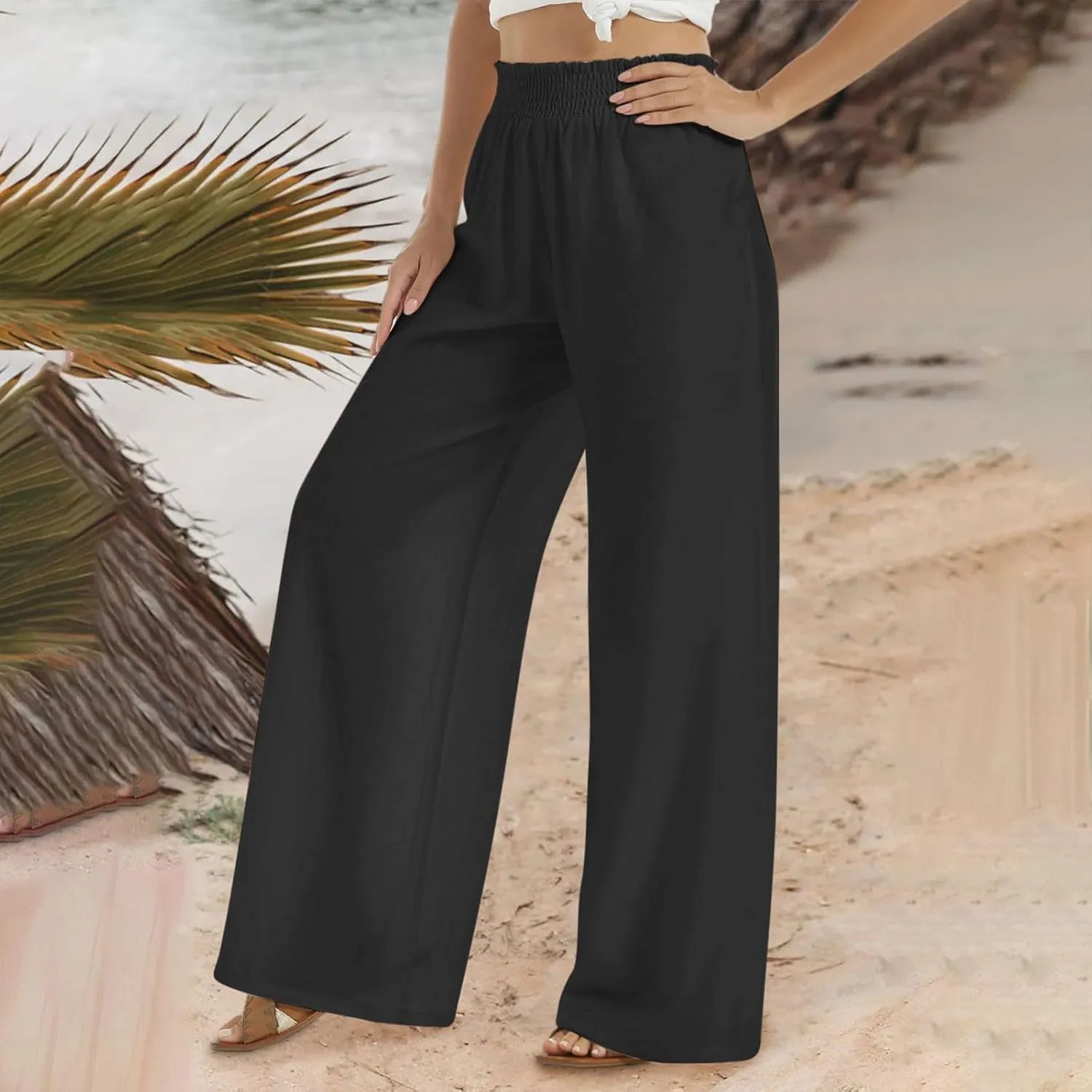 Women's Wide Leg Palazzo Pants Elastic High Waist Pants Beach Vacation Pants Loose Linen Pants Casual Work Pants Plus