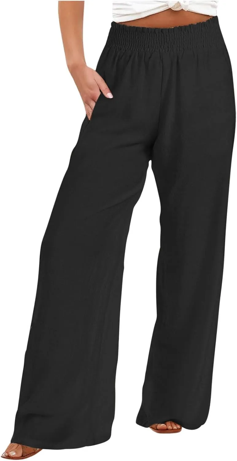 Women's Wide Leg Palazzo Pants Elastic High Waist Pants Beach Vacation Pants Loose Linen Pants Casual Work Pants Plus