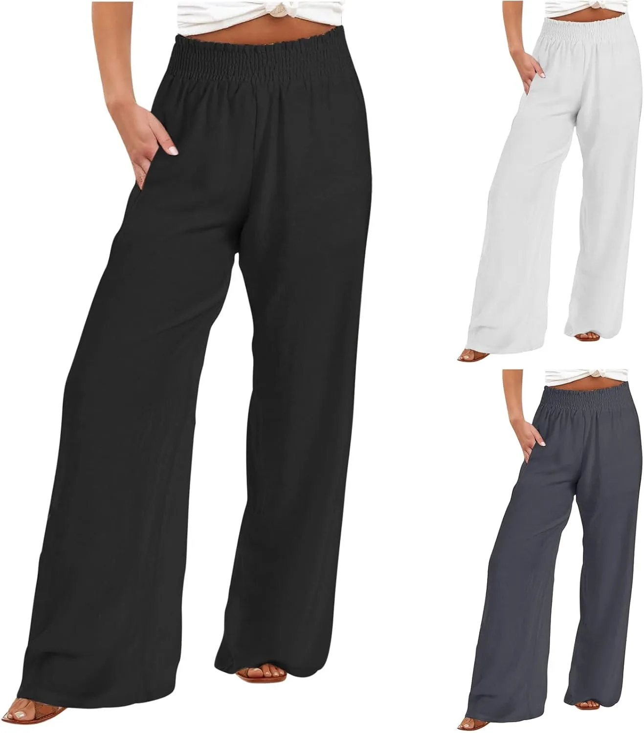 Women's Wide Leg Palazzo Pants Elastic High Waist Pants Beach Vacation Pants Loose Linen Pants Casual Work Pants Plus