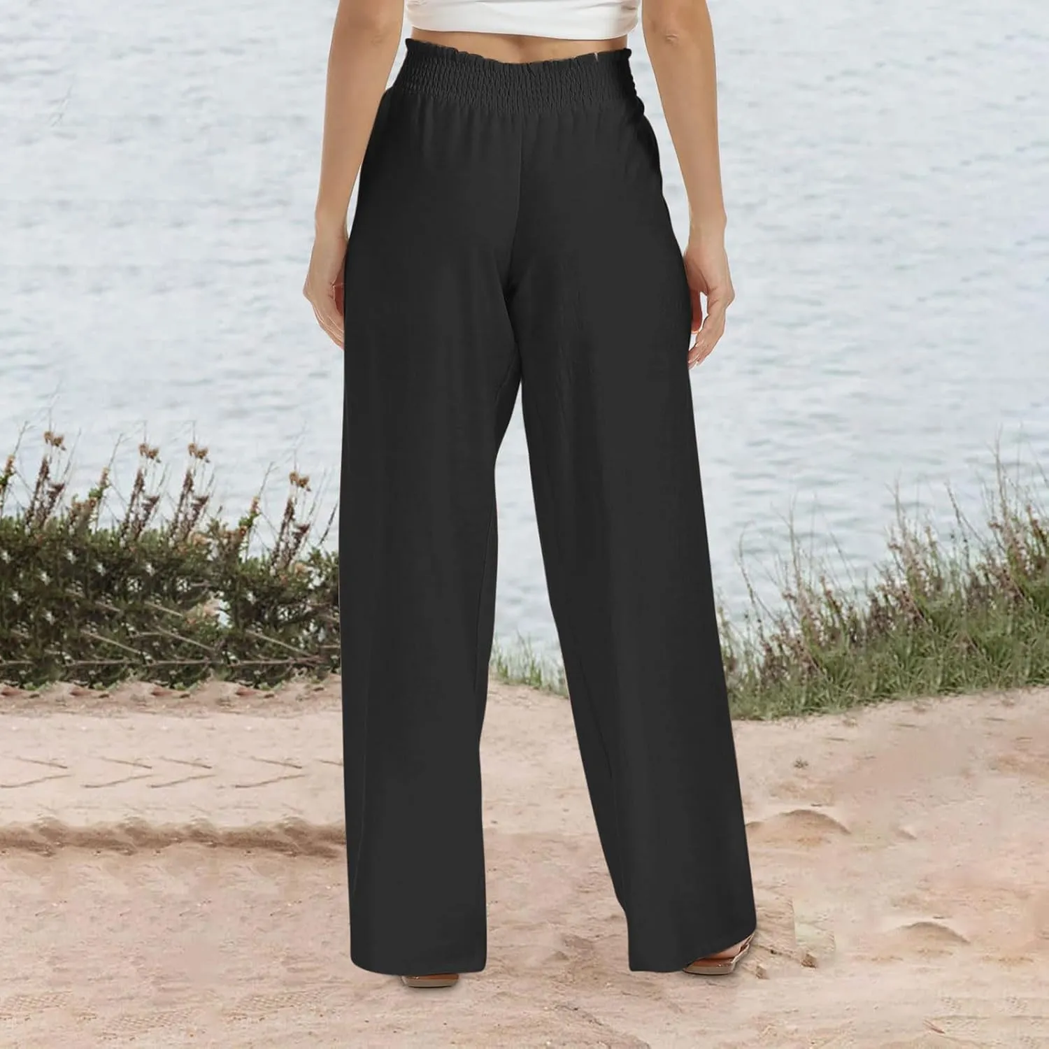 Women's Wide Leg Palazzo Pants Elastic High Waist Pants Beach Vacation Pants Loose Linen Pants Casual Work Pants Plus