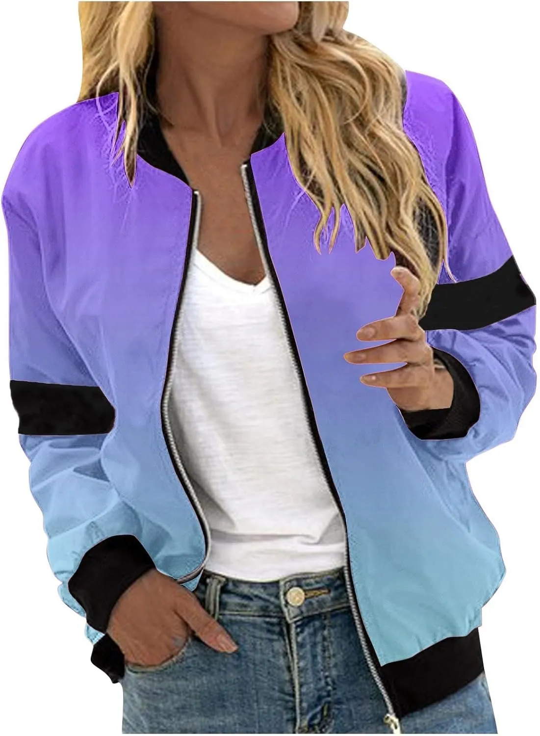Womens Winter Coats 2024 Fashion Gradient Zipper Jackets Long Sleeve Casual Tops with Pockets Outerwear