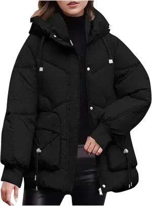 Womens Winter Padded Jacket Casual Hooded Puffer Jackets Zip Up Quilted Warm Outerwear Plain Down Coats