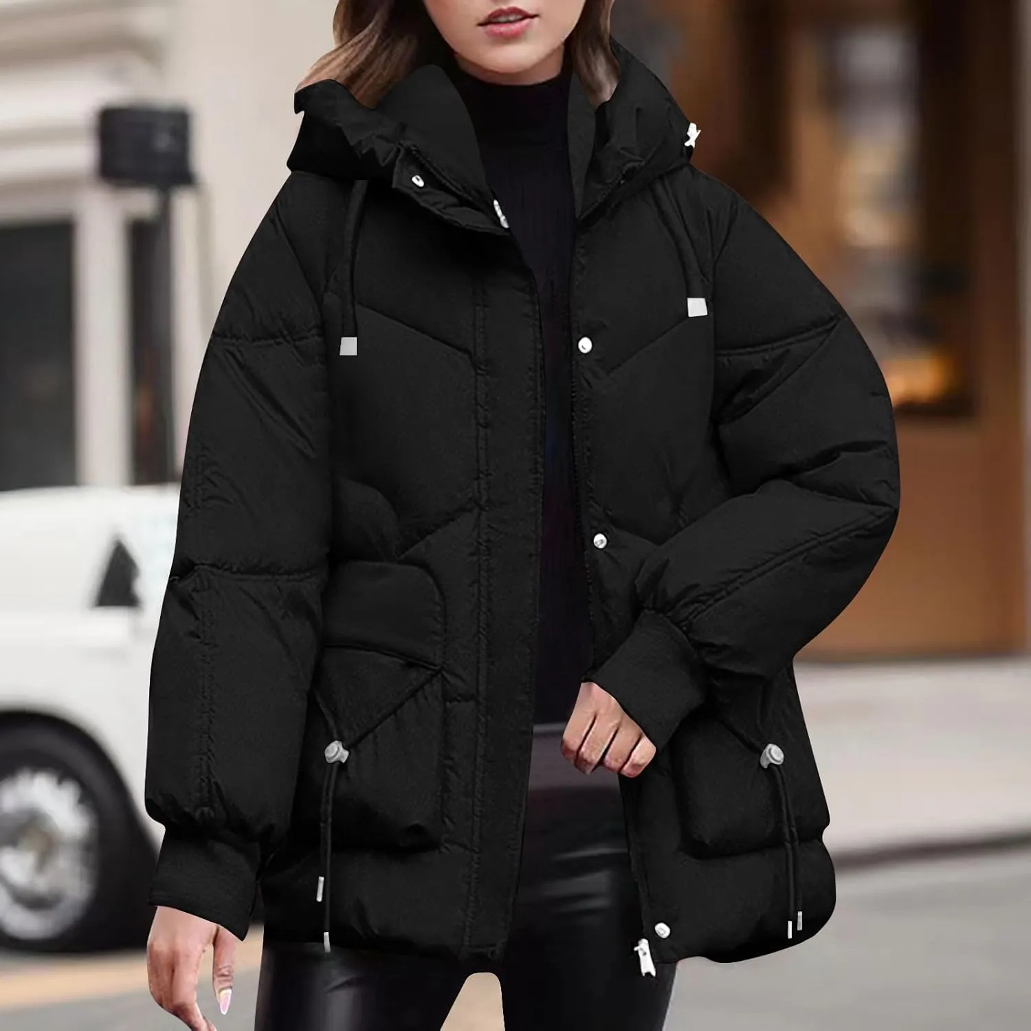 Womens Winter Padded Jacket Casual Hooded Puffer Jackets Zip Up Quilted Warm Outerwear Plain Down Coats