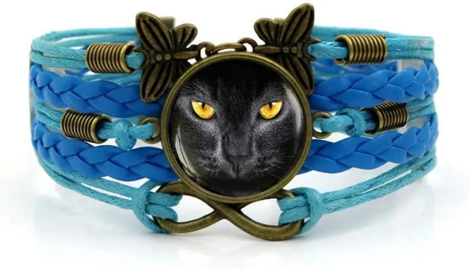 Woven Bracelet Men,Blue Rope Cute Black Cat Animal,Time Gemstone Bracelet Multi-Layer Hand-Woven Glass Combination Jewelry Ladies Fashion European and American Style Jewelry
