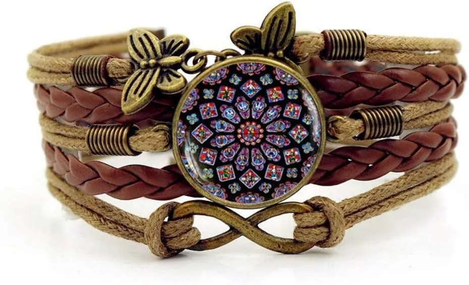 Woven Bracelet Men,Brown Rope Colorful Glass Rose Plant Art,Time Gemstone Bracelet Multi-Layer Hand-Woven Glass Combination Jewelry Ladies Fashion European and American Style Jewelry