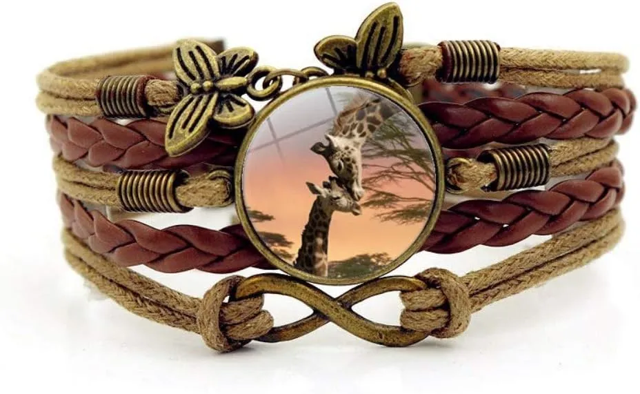 Woven Bracelet Men,Brown Rope Cute Giraffe Animal,Time Gemstone Bracelet Multi-Layer Hand-Woven Glass Combination Jewelry Ladies Fashion European and American Style Jewelry