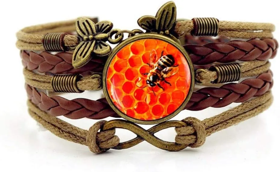 Woven Bracelet Men,Brown Rope Red Honeycomb Hexagonal Geometry Art,Time Gemstone Bracelet Multi-Layer Hand-Woven Glass Combination Jewelry Ladies Fashion European and American Style Jewelry