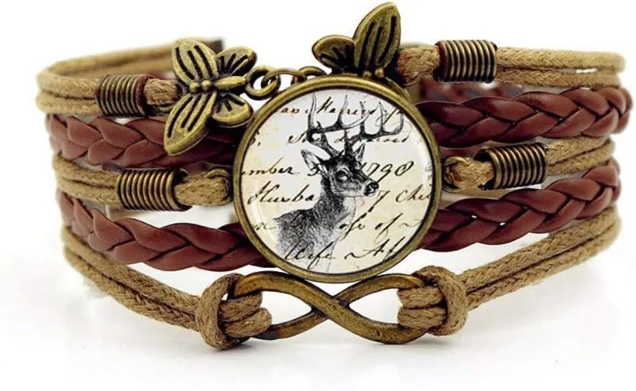 Woven Bracelet Men,Brown Rope Retro Font Elk Animal,Time Gemstone Bracelet Multi-Layer Hand-Woven Glass Combination Jewelry Ladies Fashion European and American Style Jewelry
