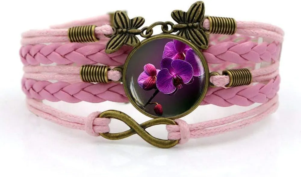 Woven Bracelet Men,Pink Beautiful Purple Phalaenopsis,Time Gemstone Bracelet Multi-Layer Hand-Woven Glass Combination Jewelry Ladies Fashion European and American Style Jewelry