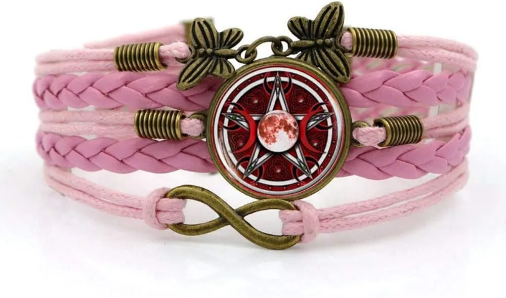 Woven Bracelet Men,Pink Rope Beautiful Five-Pointed Star Bright Moon Art,Time Gemstone Bracelet Multi-Layer Hand-Woven Glass Combination Jewelry Ladies Fashion European and American Style Jewelry