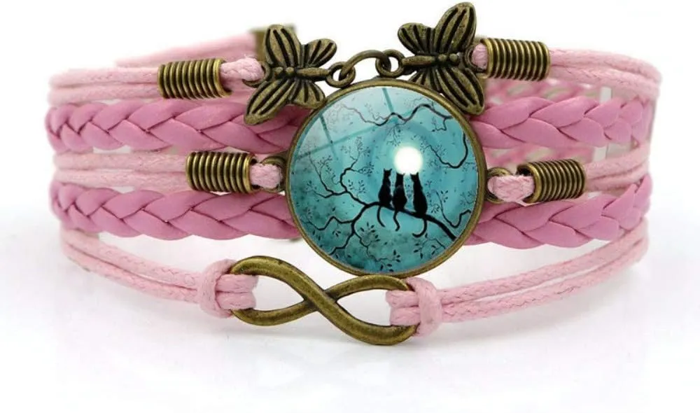Woven Bracelet Men,Pink Rope Blue Moon Cat Animal,Time Gemstone Bracelet Multi-Layer Hand-Woven Glass Combination Jewelry Ladies Fashion European and American Style Jewelry