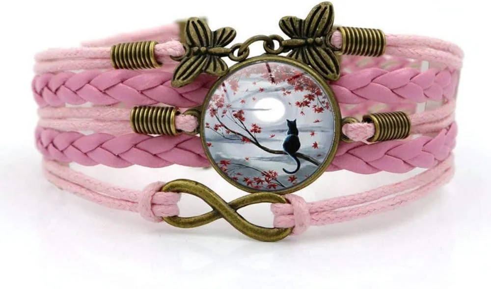 Woven Bracelet Men,Pink Rope, Moon Flower, Black Cat Animal,Time Gemstone Bracelet Multi-Layer Hand-Woven Glass Combination Jewelry Ladies Fashion European and American Style Jewelry