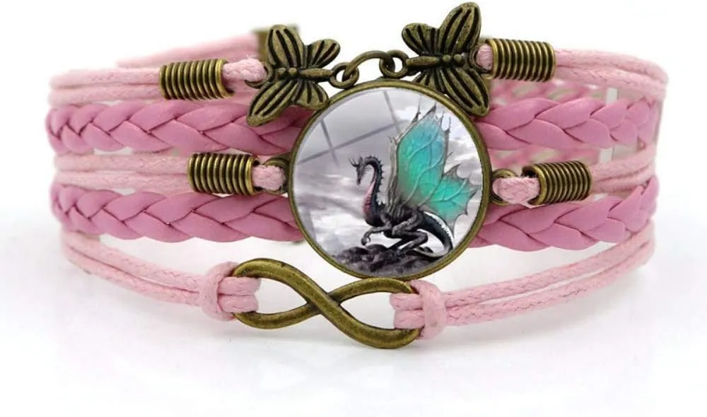 Woven Bracelet Men,Pink Rope Strong Western Pterosaur Animal,Time Gemstone Bracelet Multi-Layer Hand-Woven Glass Combination Jewelry Ladies Fashion European and American Style Jewelry