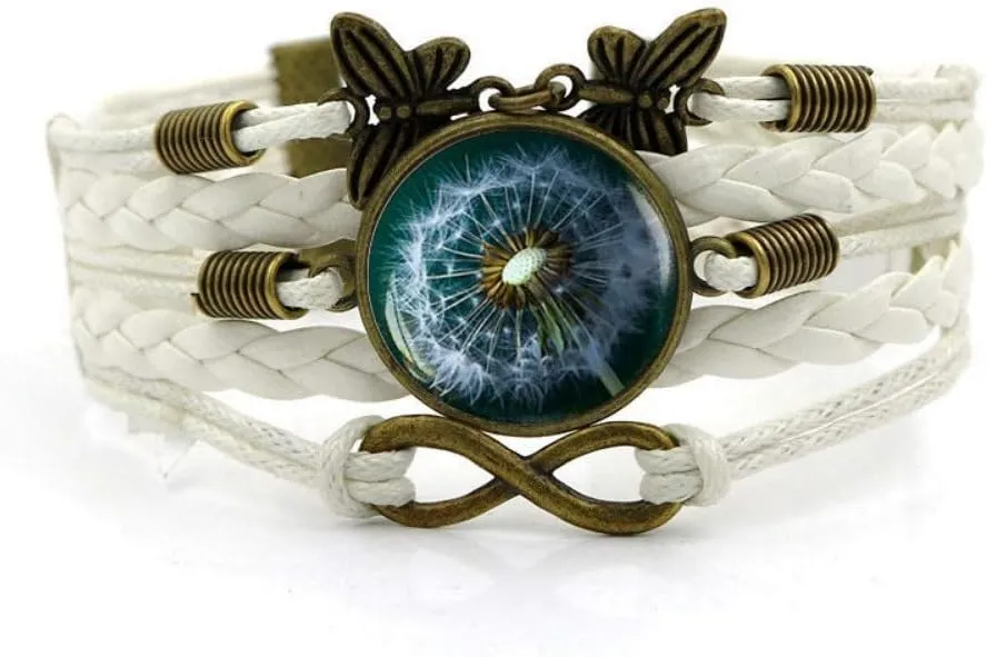 Woven Bracelet Men,White Rope Beautiful White Dandelion Plant,Time Gemstone Bracelet Multi-Layer Hand-Woven Glass Combination Jewelry Ladies Fashion European and American Style Jewelry