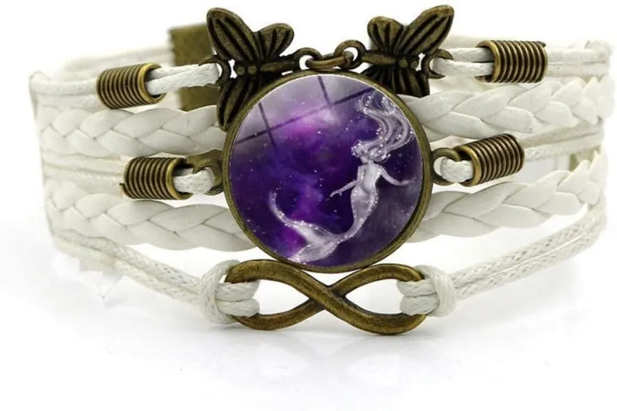 Woven Bracelet Men,White Rope Purple Starry Beautiful Mermaid,Time Gemstone Bracelet Multi-Layer Hand-Woven Glass Combination Jewelry Ladies Fashion European and American Style Jewelry