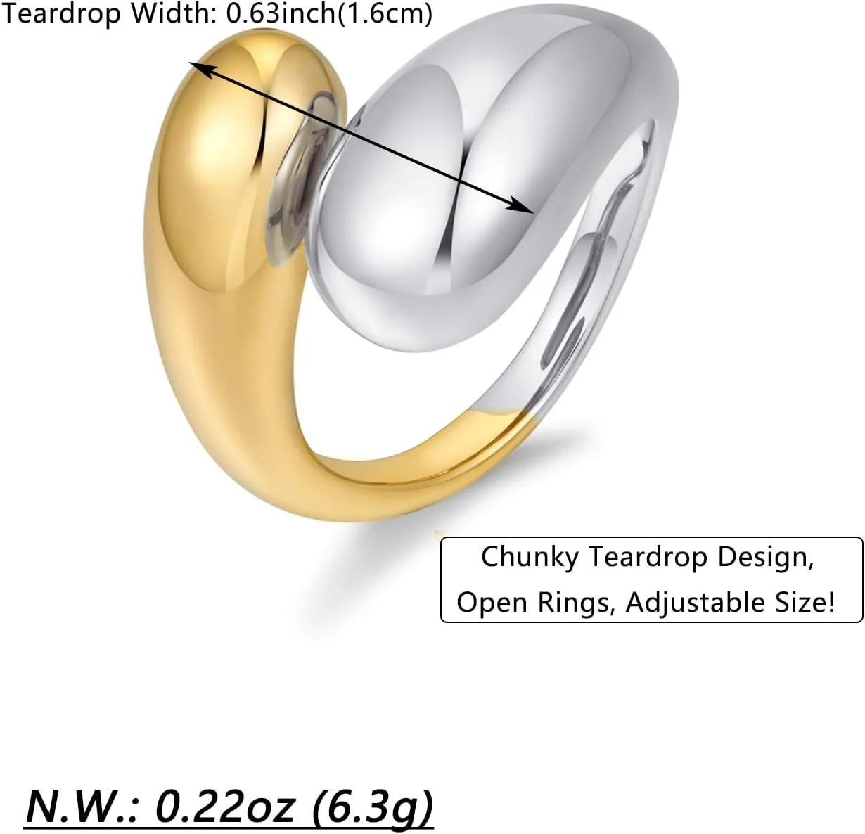 WOWORAMA Chunky Open Rings for Women Gold Silver Adjustable Dome Teardrop Rings Bold Thick Statement Rings Simple Stackable Band Rings