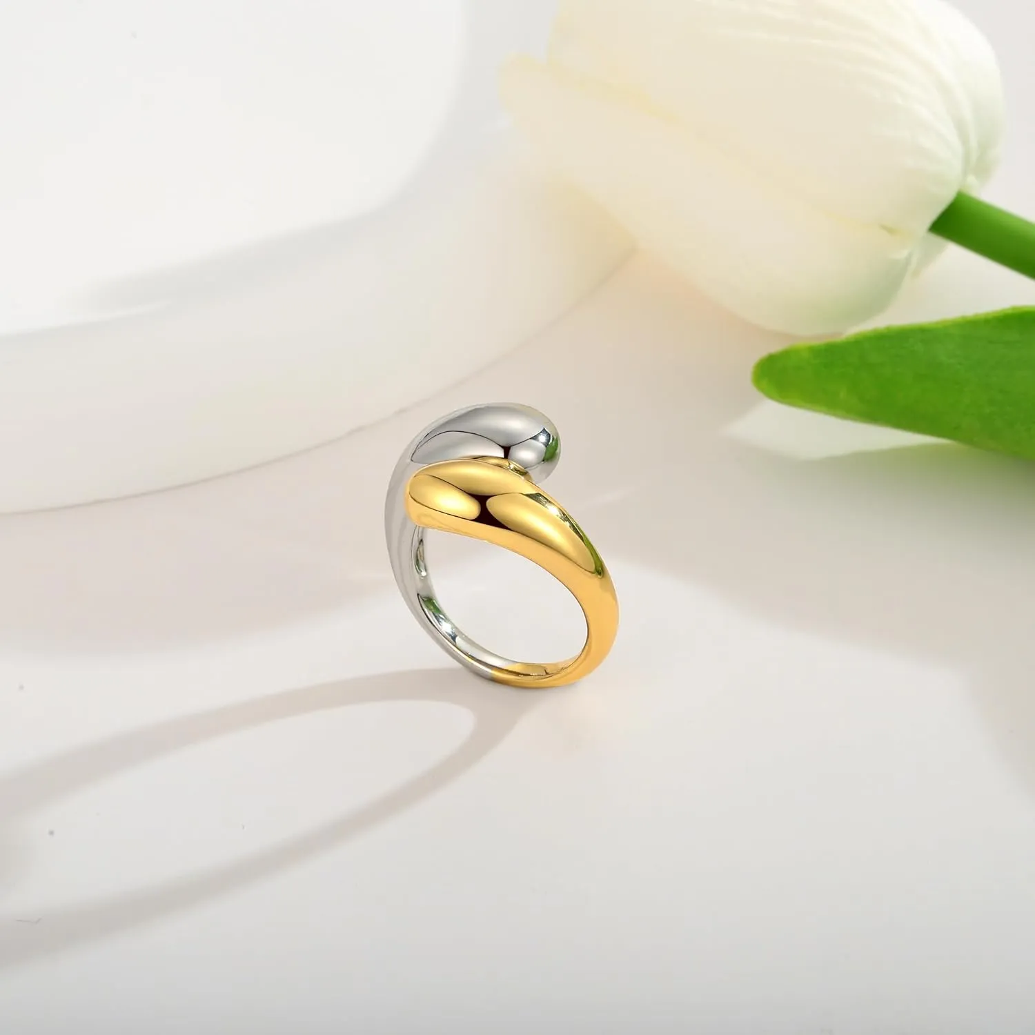 WOWORAMA Chunky Open Rings for Women Gold Silver Adjustable Dome Teardrop Rings Bold Thick Statement Rings Simple Stackable Band Rings