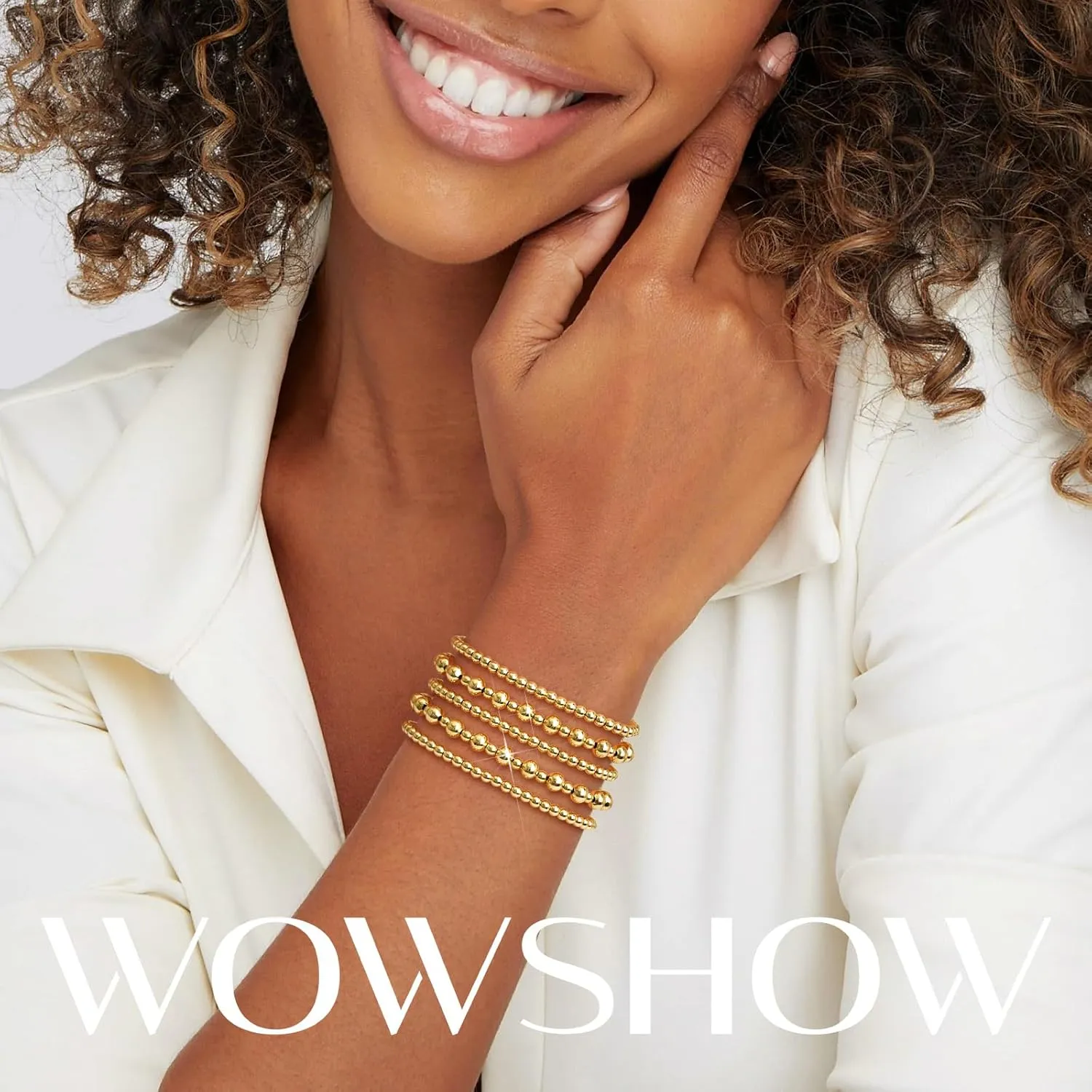 Wowshow Gold Bracelets - 14K Gold Plated Stackable Bead Bracelet Set for Women