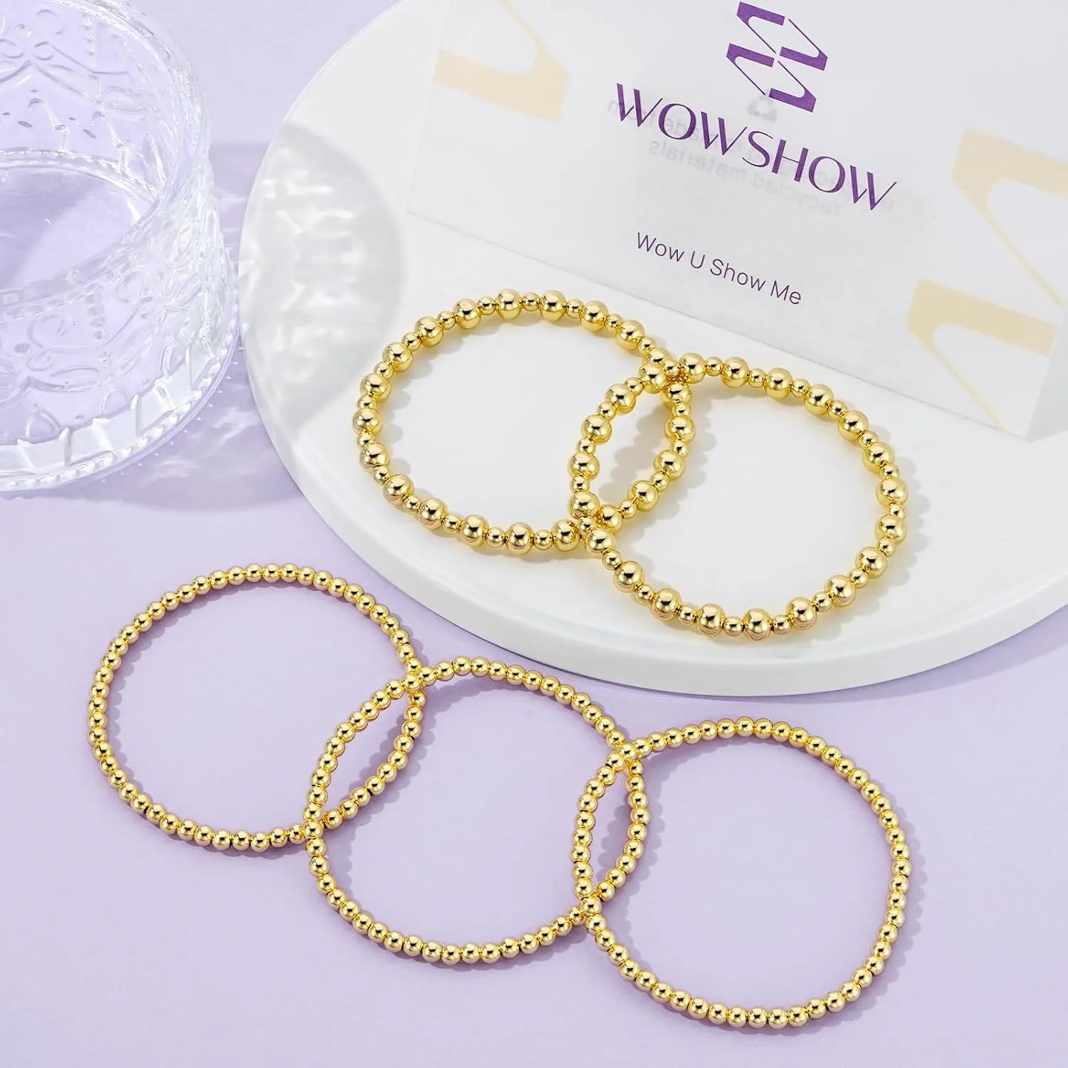 Wowshow Gold Bracelets - 14K Gold Plated Stackable Bead Bracelet Set for Women