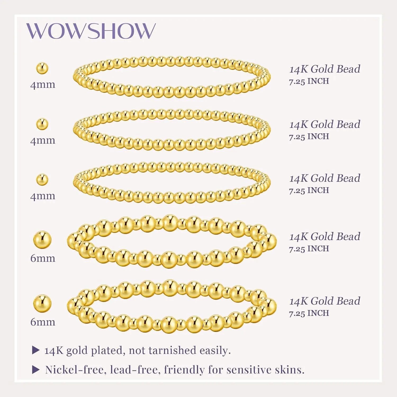 Wowshow Gold Bracelets - 14K Gold Plated Stackable Bead Bracelet Set for Women
