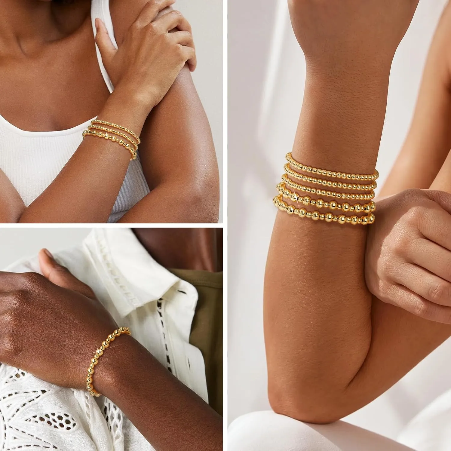 Wowshow Gold Bracelets - 14K Gold Plated Stackable Bead Bracelet Set for Women