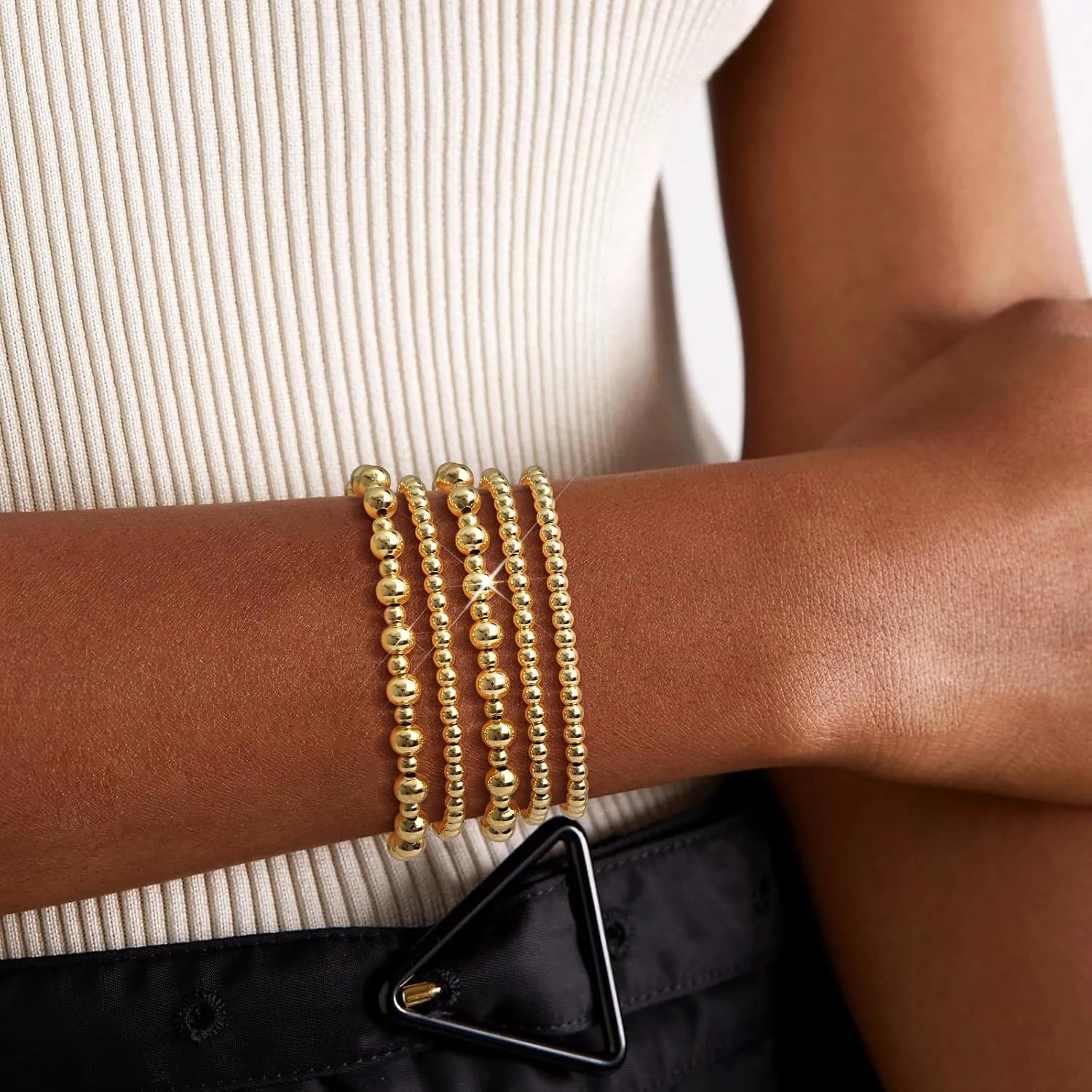 Wowshow Gold Bracelets - 14K Gold Plated Stackable Bead Bracelet Set for Women