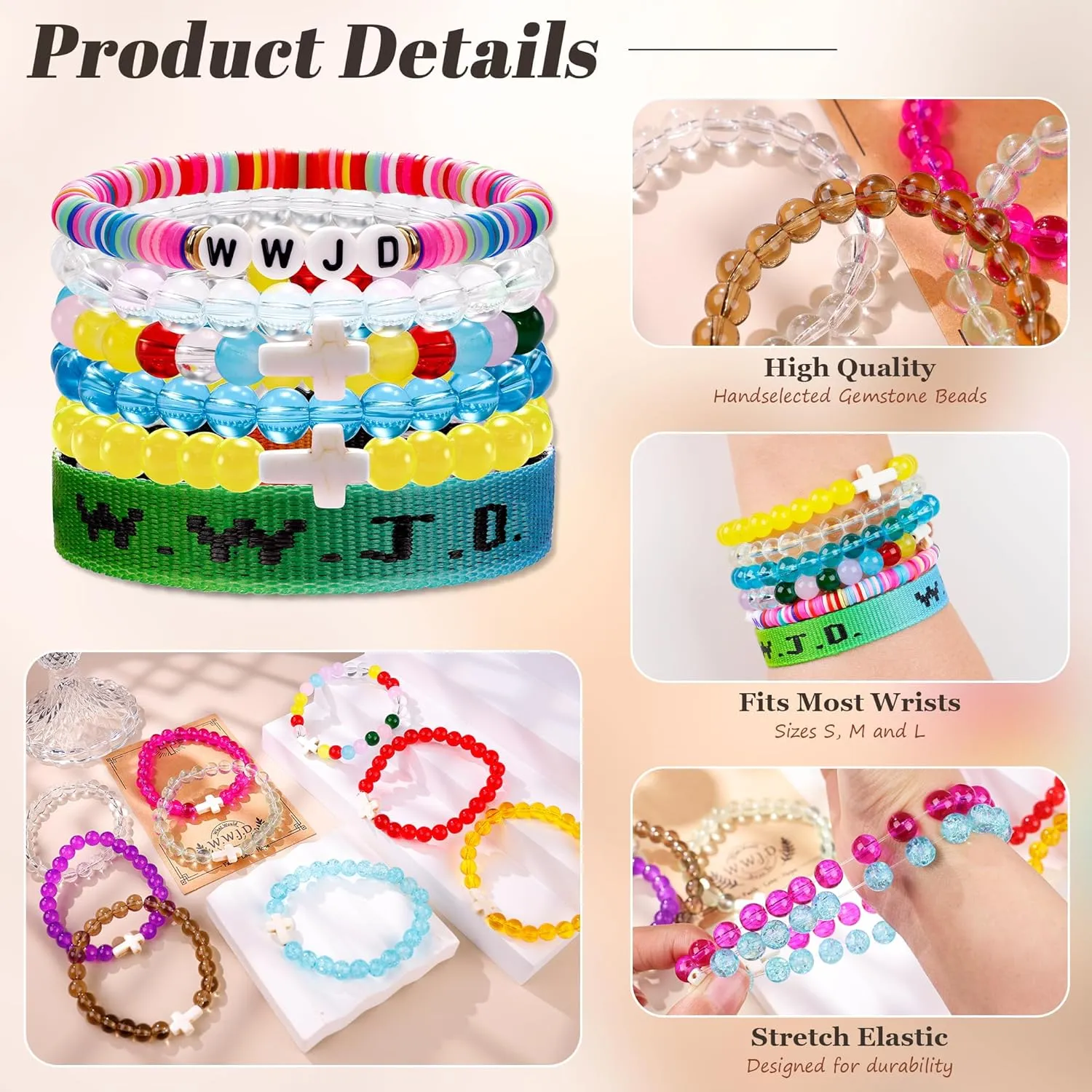 W.W.J.D. Webbing Bracelets Adjustable Christian Gifts Wristbands What Wound Jesus Do Bracelet Religious Faith Bracelets Colorful Christian Stretch Beaded Bracelets