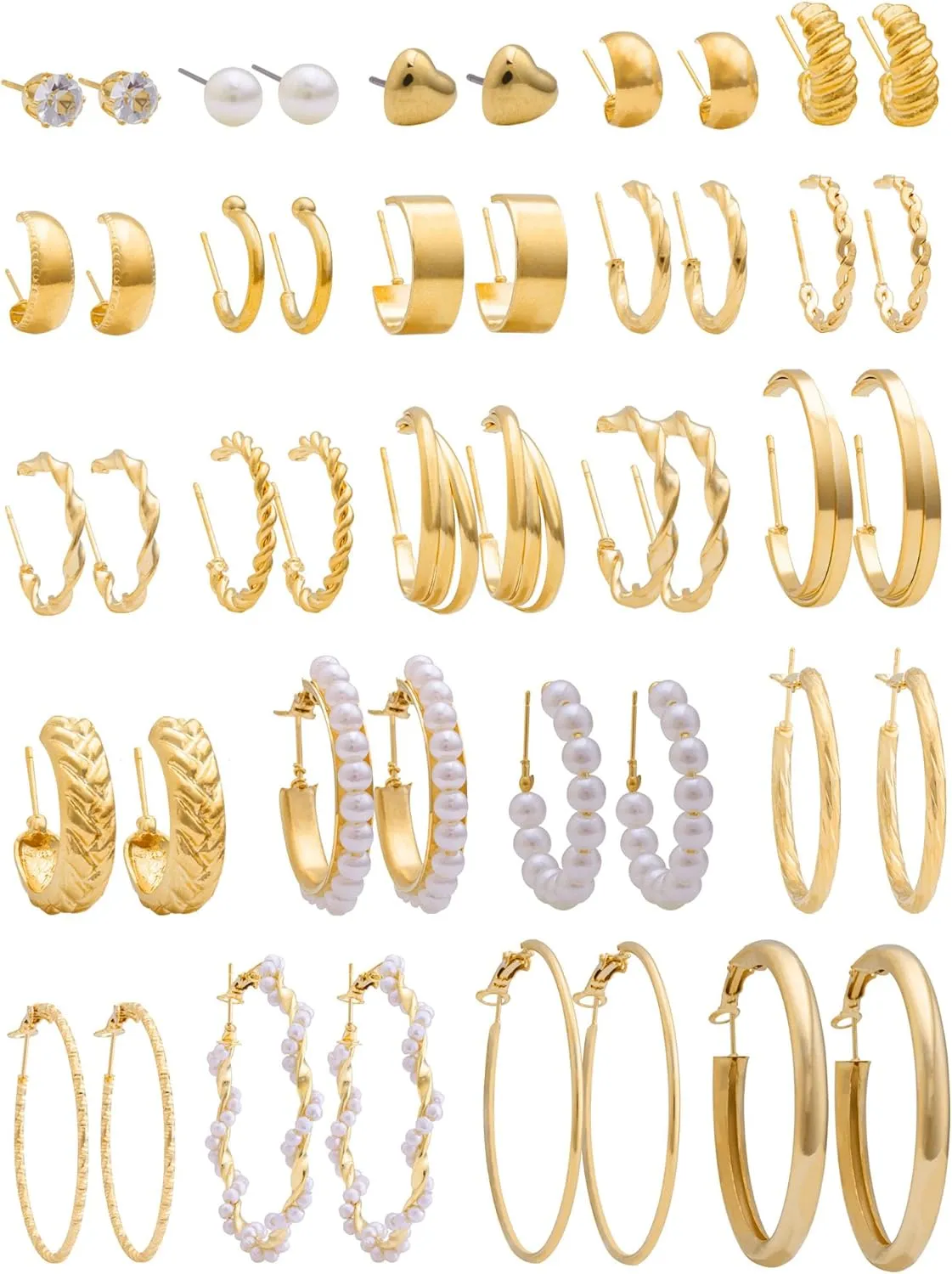 XIANNVXI Gold Earrings Set for Women Fashion Silver Hoop Earring Packs Chunky Twisted Pearl Stud Earrings Multipack Small Big Hoops Earring Packs for Birthday Party Gift24/36/48 Pcs)