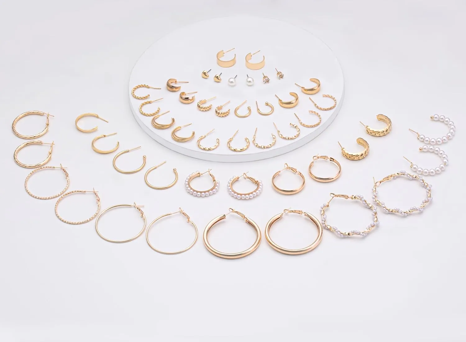XIANNVXI Gold Earrings Set for Women Fashion Silver Hoop Earring Packs Chunky Twisted Pearl Stud Earrings Multipack Small Big Hoops Earring Packs for Birthday Party Gift24/36/48 Pcs)