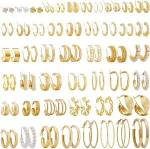 XIANNVXI Gold Earrings Set for Women Fashion Silver Hoop Earring Packs Chunky Twisted Pearl Stud Earrings Multipack Small Big Hoops Earring Packs for Birthday Party Gift24/36/48 Pcs)
