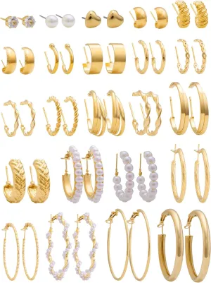XIANNVXI Gold Earrings Set for Women Fashion Silver Hoop Earring Packs Chunky Twisted Pearl Stud Earrings Multipack Small Big Hoops Earring Packs for Birthday Party Gift24/36/48 Pcs)
