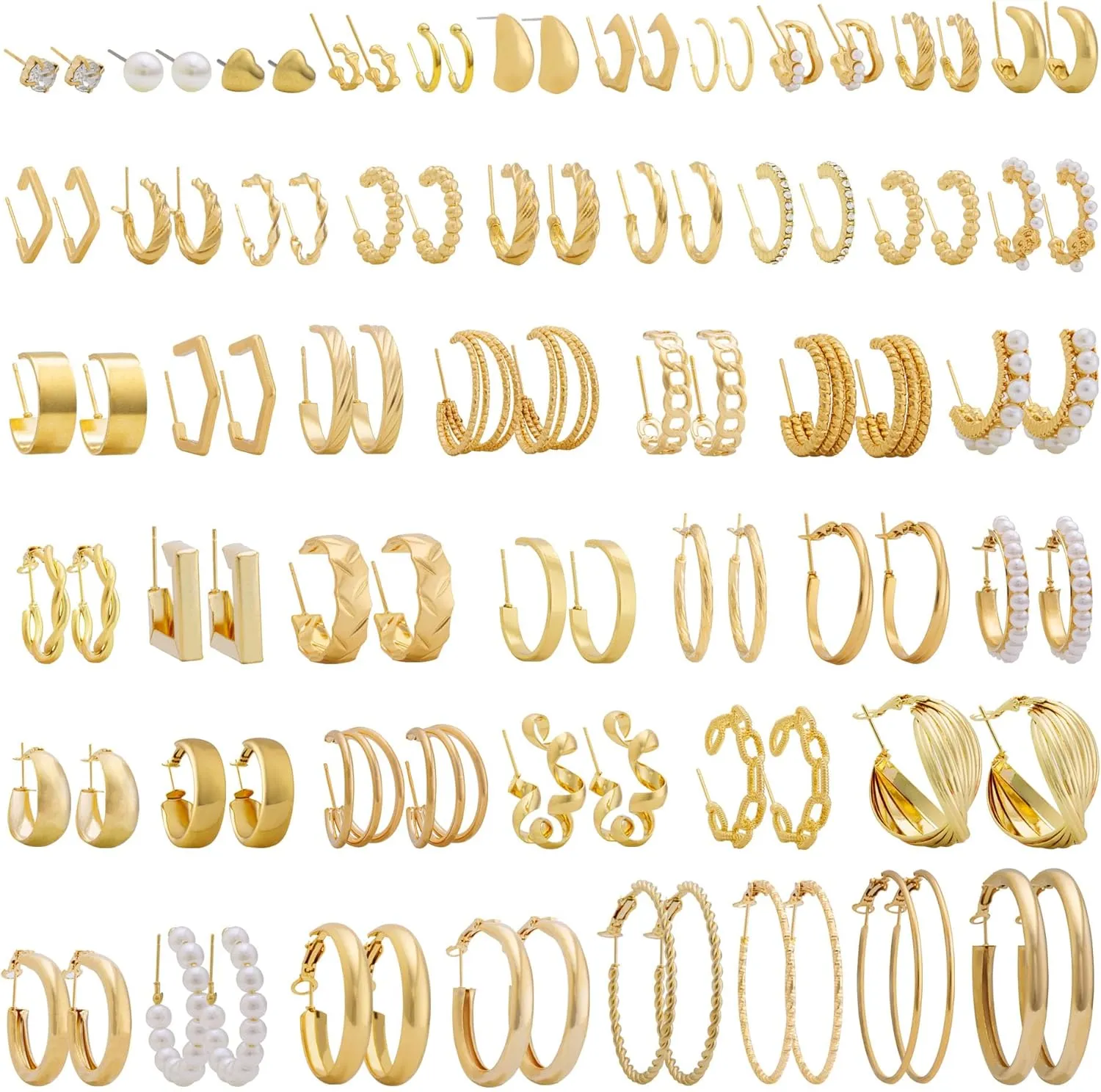 XIANNVXI Gold Earrings Set for Women Fashion Silver Hoop Earring Packs Chunky Twisted Pearl Stud Earrings Multipack Small Big Hoops Earring Packs for Birthday Party Gift24/36/48 Pcs)
