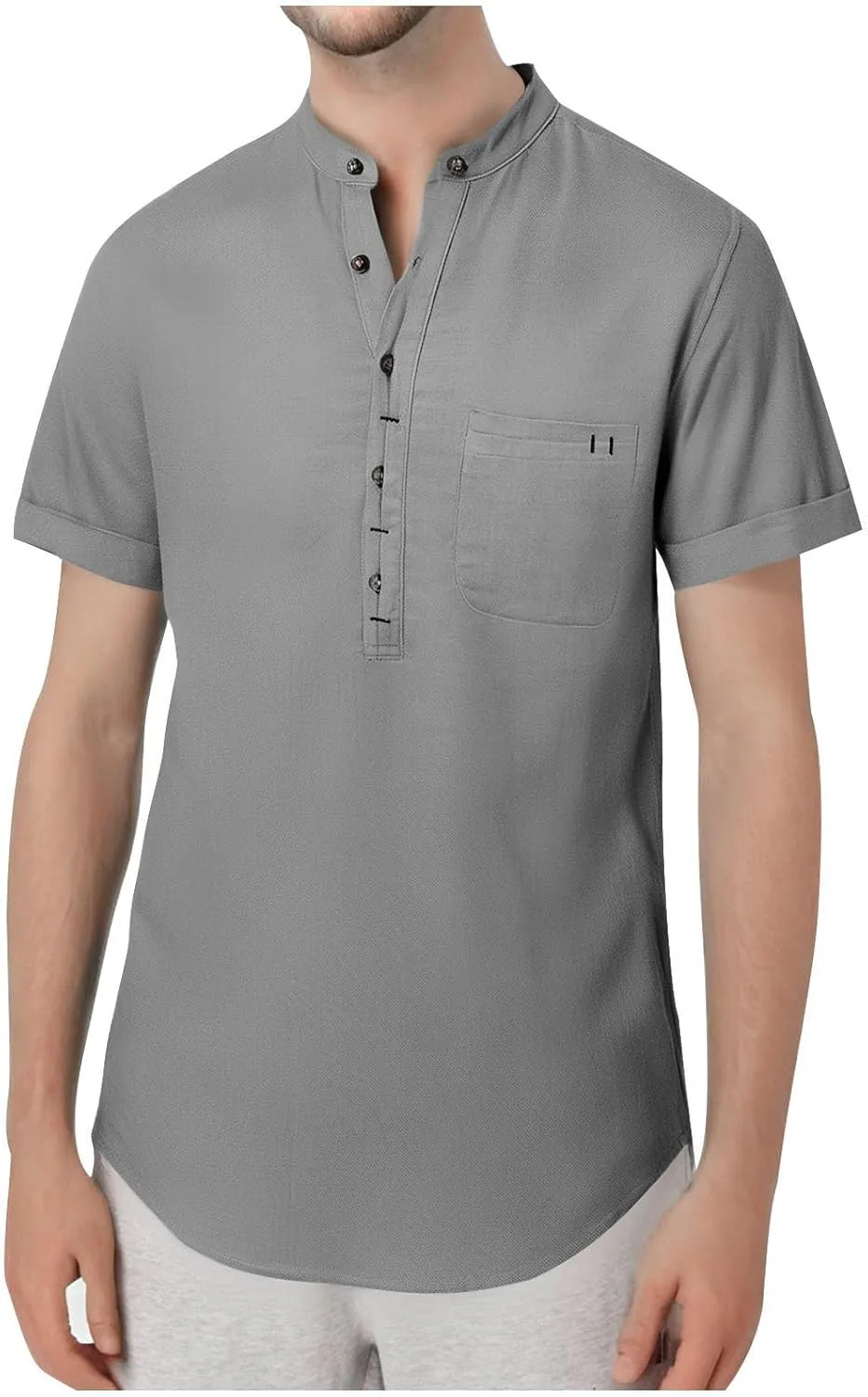 Xiaojmake Men's Casual Henley Shirt Band Collar Short Sleeve Hippie Shirt Summer Beach Button Down Linen Shirts Lightweight