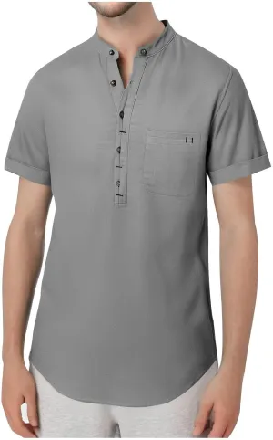 Xiaojmake Men's Casual Henley Shirt Band Collar Short Sleeve Hippie Shirt Summer Beach Button Down Linen Shirts Lightweight